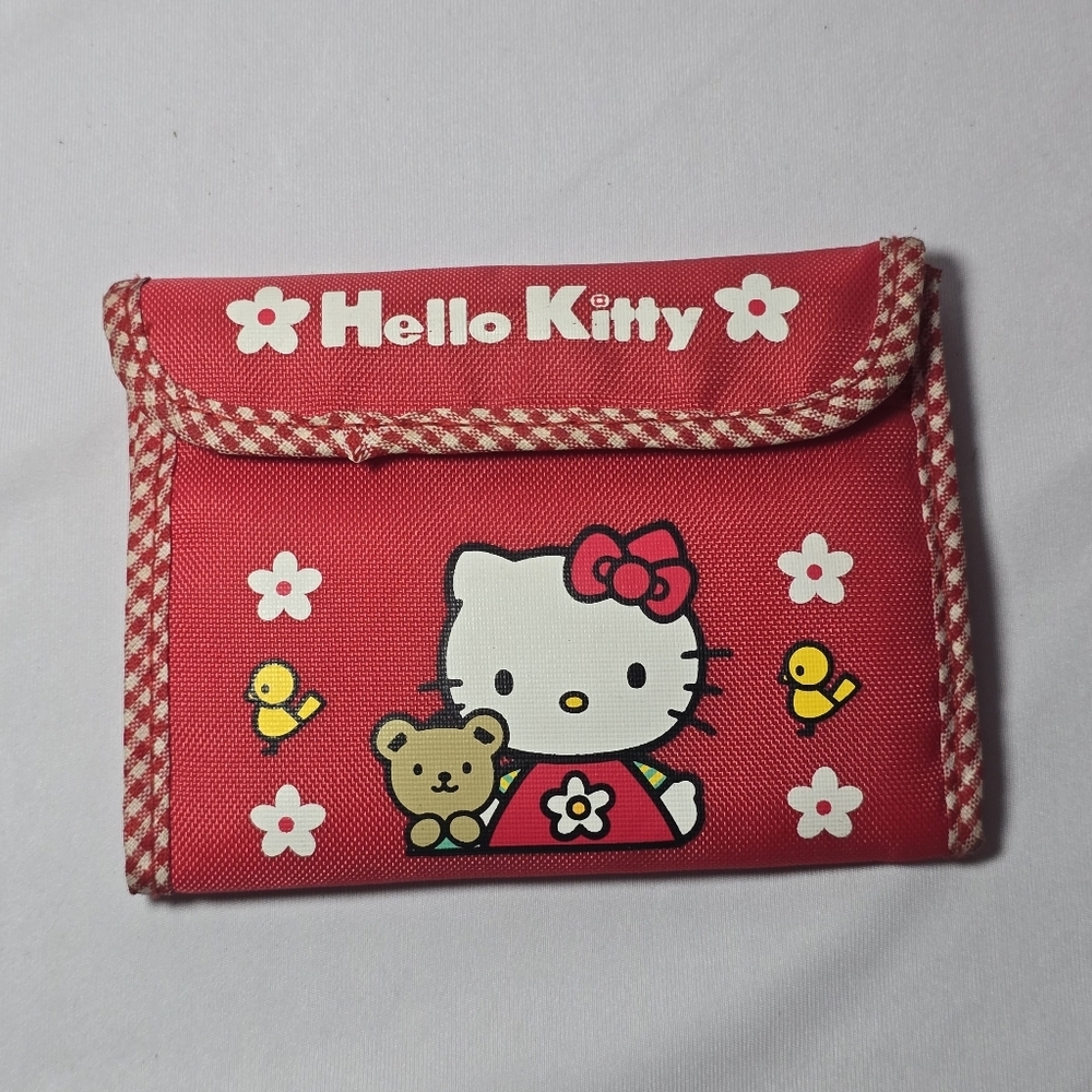 Hello Kitty Red Gingham Ducks Bifold Wallet Nylon Velcro Vintage Style Sanrio